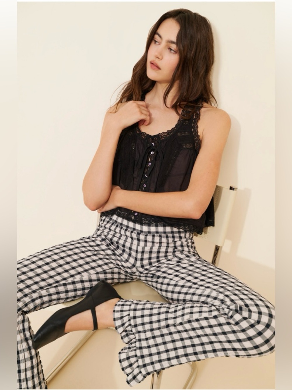 Free People Black and White Gingham Frida Ruffle Pants